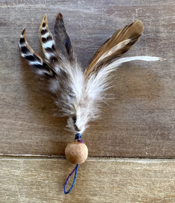 - Recommended affordable pet toysBirdie Cat-fishing Lure, Natural Cork and Rooster Feathers