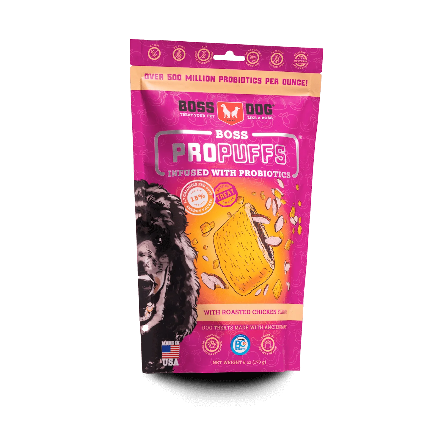 - Custom pet birthday cakeBoss Dog ProPuffs Infused with Probiotics with Real Roasted Chicken Flavor