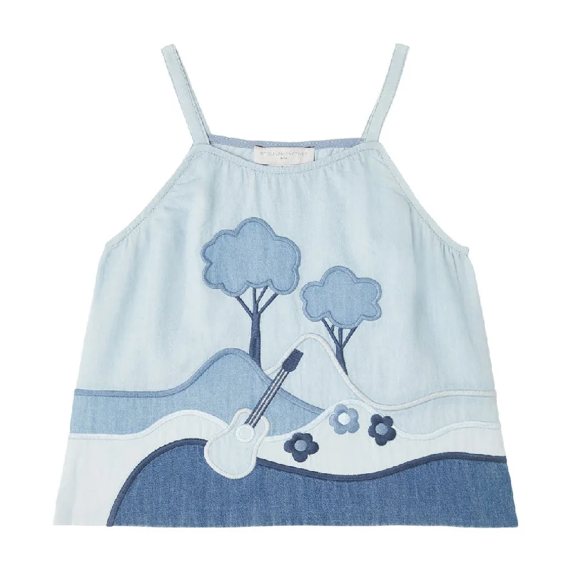 - Dog disposable foam shower gelStella McCartney Blue Sleeveless Landscape Patches Chambray Top