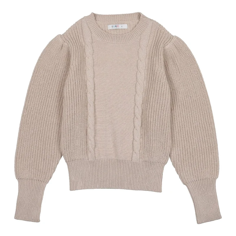 ---Coco Blanc Cream Girls Cable Sweater Puff Sleeve