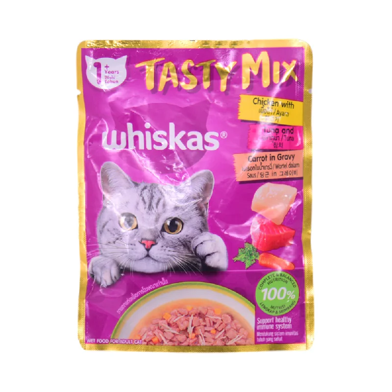    - Cat food for coat health  WHISKAS CAT FOOD TASTY MIX CHICKEN TUNA & CARROT 70G